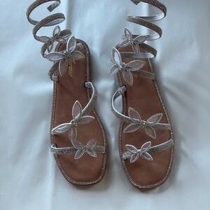 Rhinestone Butterfly
Flat Sandals Wrap up ankle Round Toe NWOT
